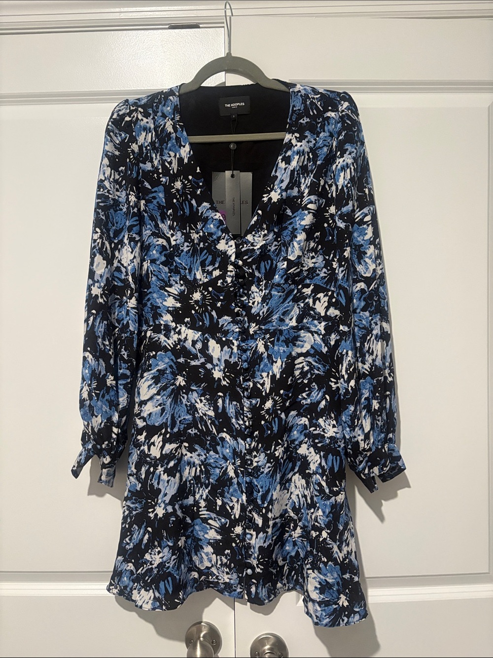 The Kooples Blue, Black & White Floral Long Sleeve Dress